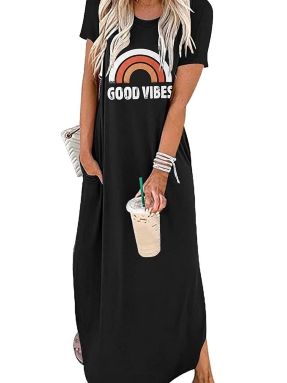 Black 'Good Vibes' Graphic Maxi Dress - Casual Short Sleeve